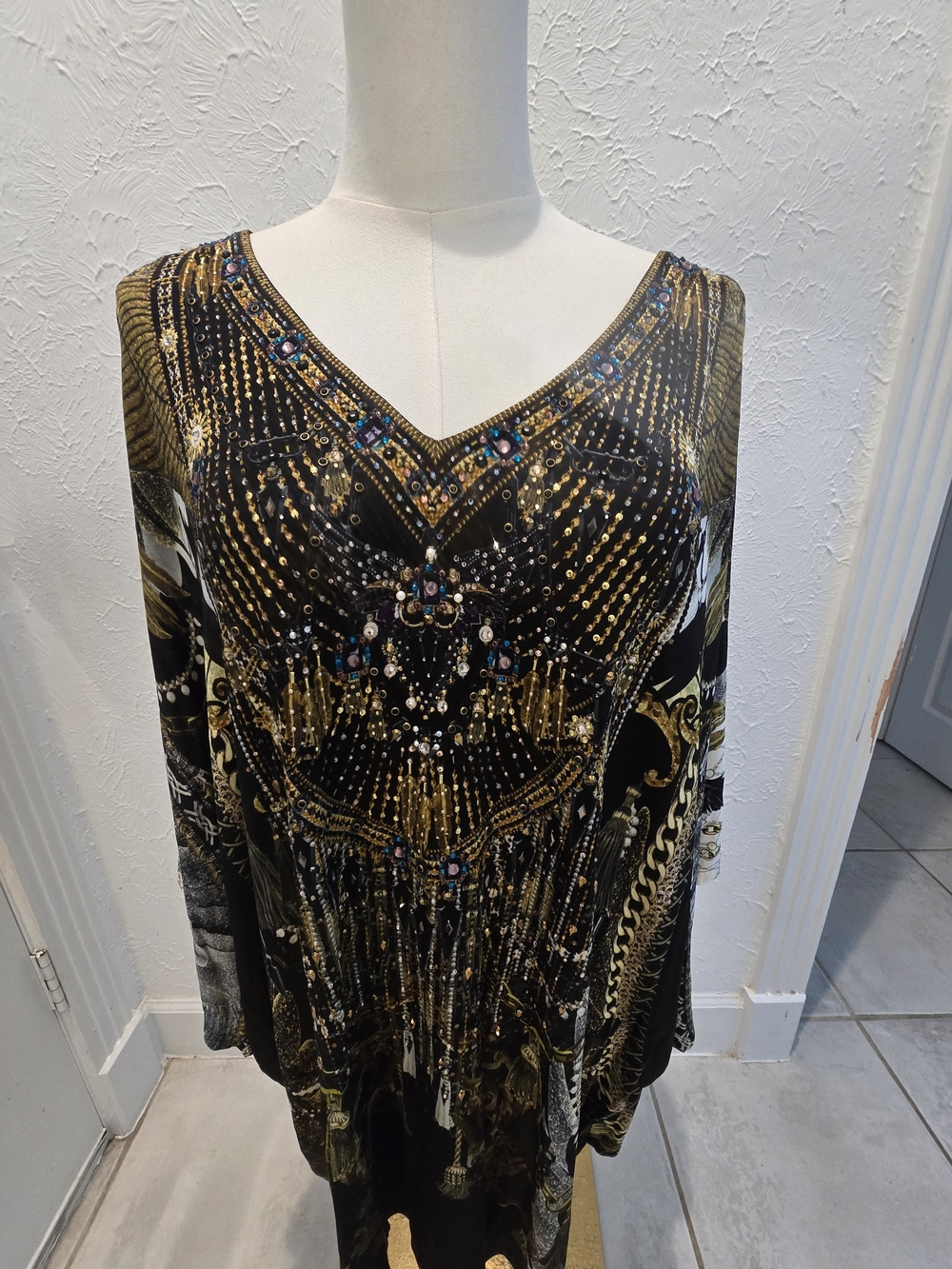 CAMILLA Crystal Embellished Owl Batwing Dress Black Gold O/S
